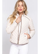 Suede Piping Quilted Padding Jacket-Ivory