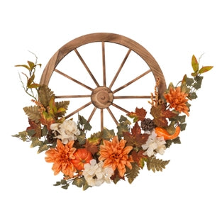 27" Wood Wagon Wheel Harvest Floral Accent