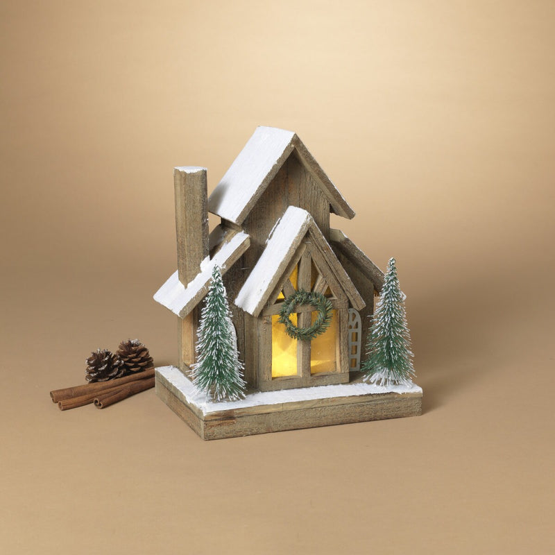 14" Lighted Wood House with Multi-Level Roof