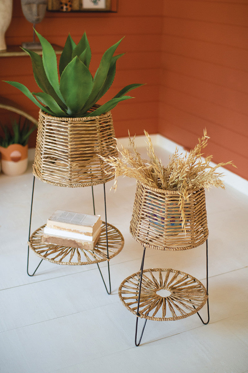 Seagrass and Iron Plant Stands with Bottom Shelf