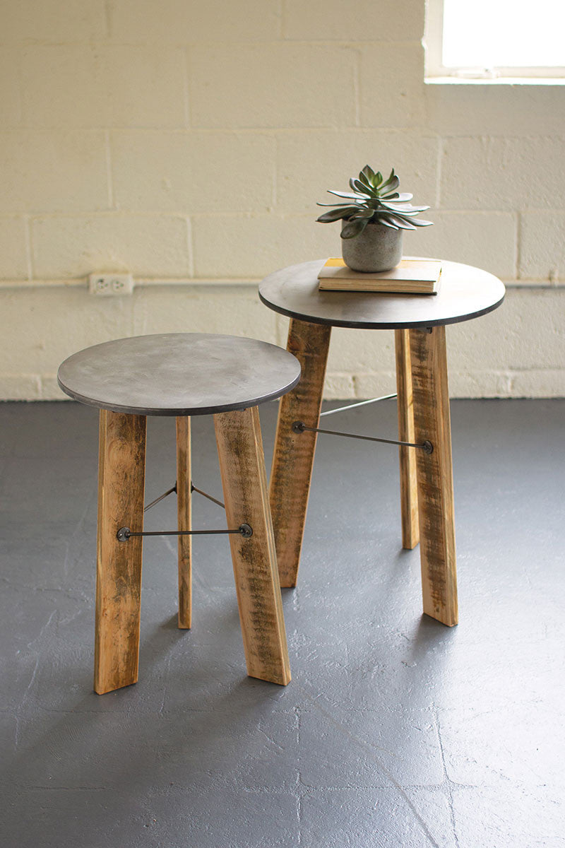 Round Nesting Tables with Metal Top and Recycled Wooden Legs