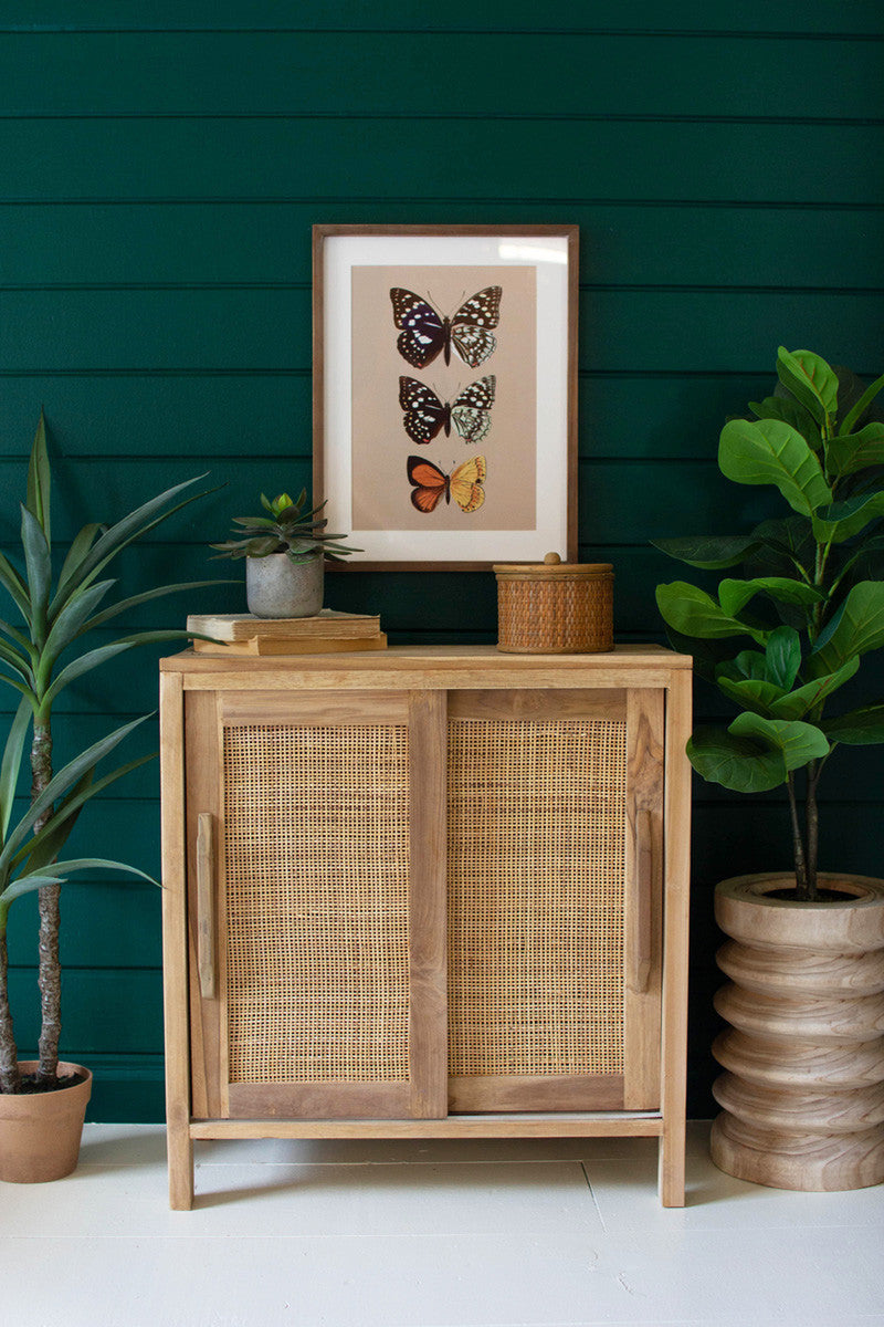 Wooden Cabinet with Sliding Doors and Woven Cane Detail