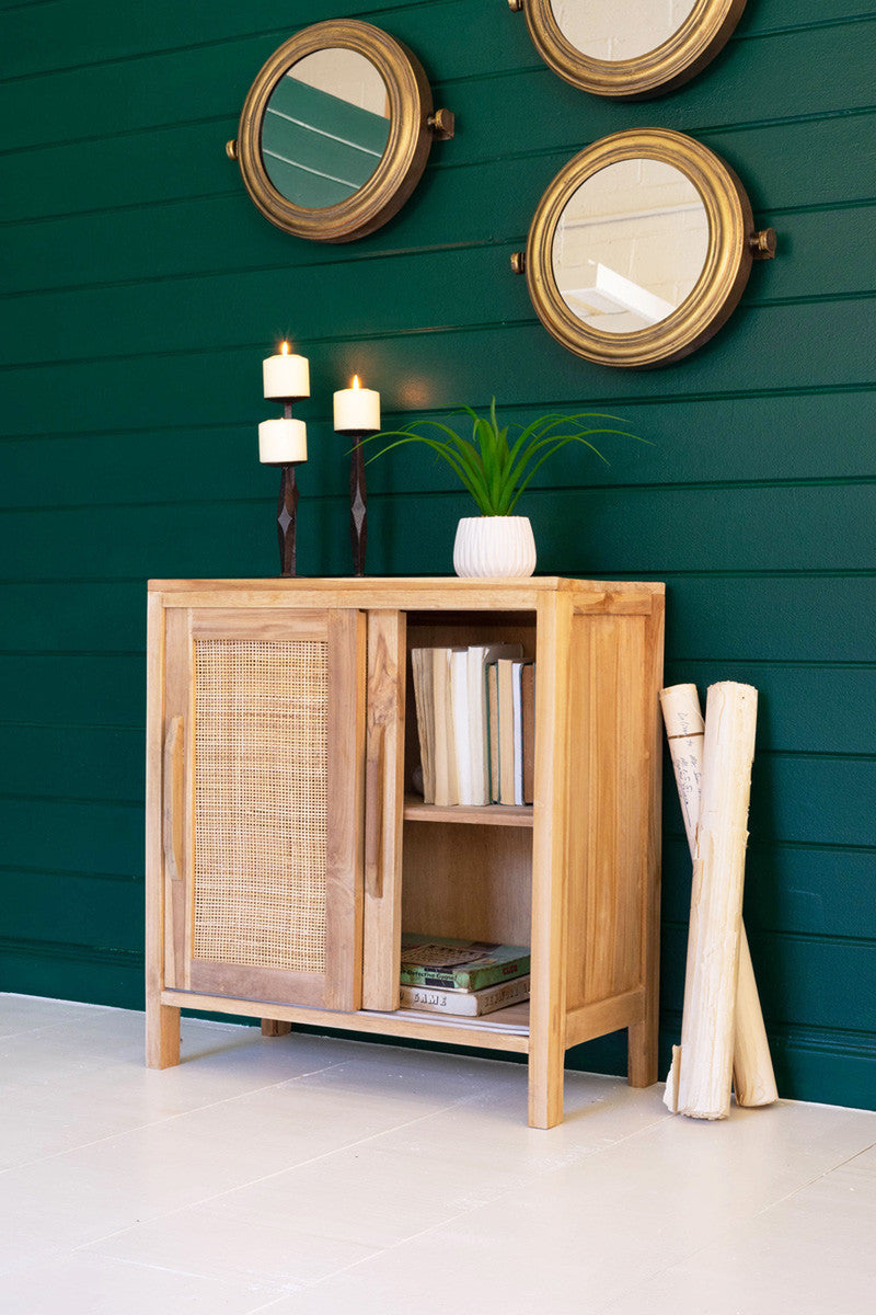 Wooden Cabinet with Sliding Doors and Woven Cane Detail