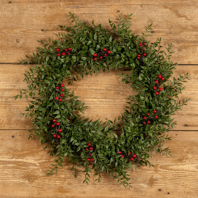 22" Mexican Fern Wreath w/ Red Berries