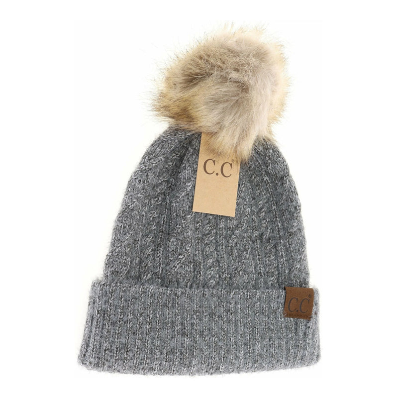 Soft Cuff Cable Knit Fur Pom C.C Beanie