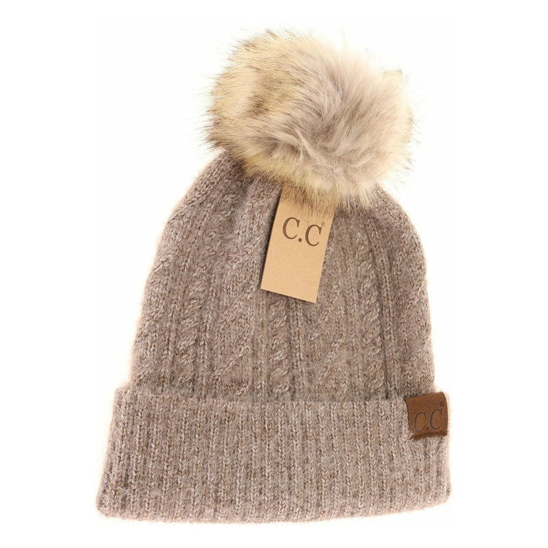 Soft Cuff Cable Knit Fur Pom C.C Beanie