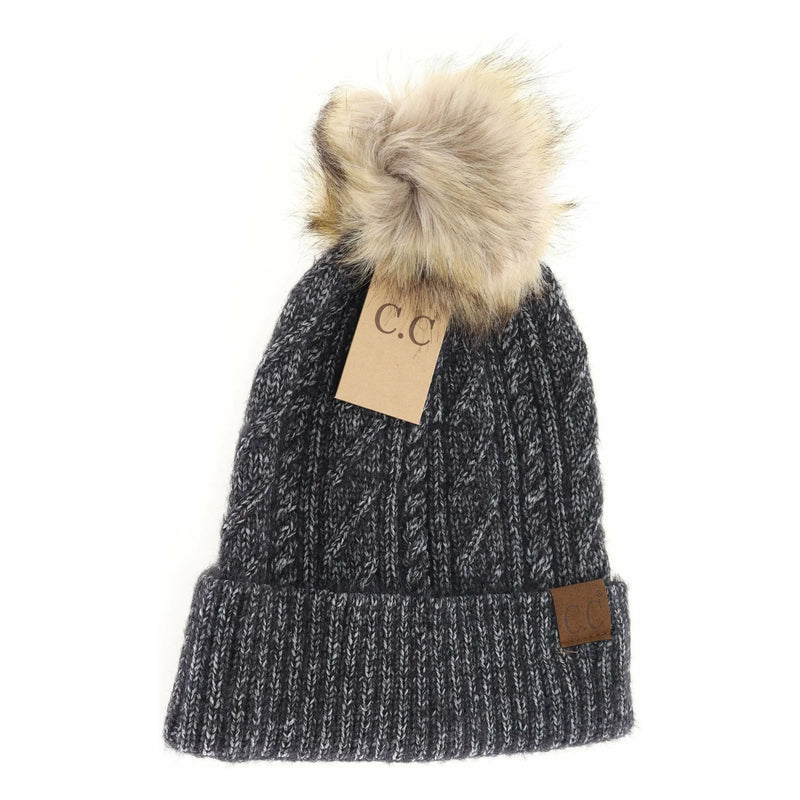 Soft Cuff Cable Knit Fur Pom C.C Beanie