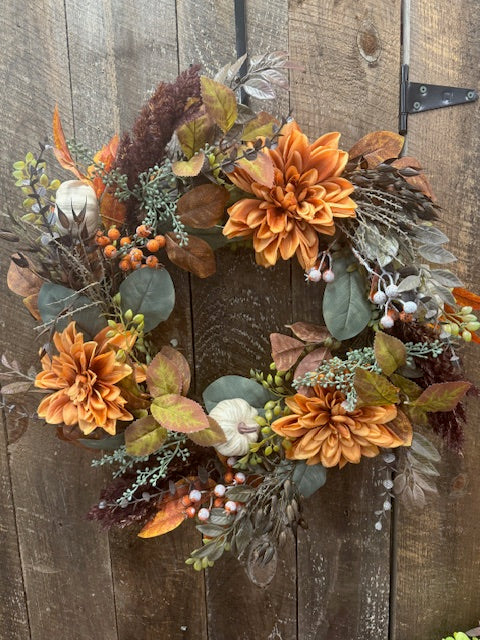 22" Fall Dahlia and White Pumpkin Wreath