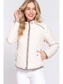 Suede Piping Quilted Padding Jacket-Ivory