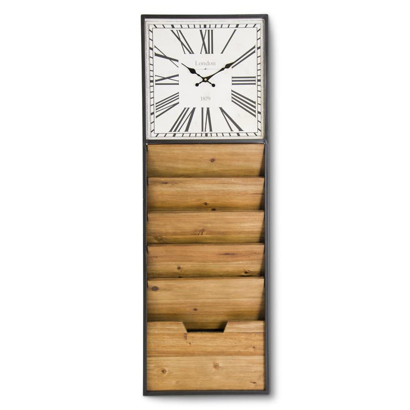 42" Metal & Wood Wall Clock with File Organizer